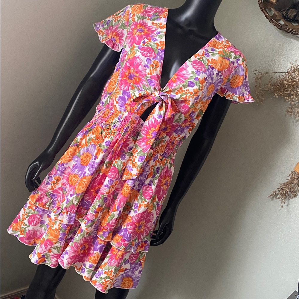 PRETTYGARDEN Floral Multicolored V-Neck Peep Hole Dress